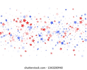 American Presidents Day stars background. Confetti in US flag colors for Independence Day.  Simple red blue white stars on white American patriotic vector. July 4th stardust elements.