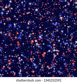 American Presidents Day stars background. Holiday confetti in USA flag colors for Patriot Day.  Cool red blue white stars on dark American patriotic vector. July 4th stardust confetti.