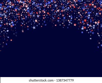 American Presidents Day stars background. Holiday confetti in US flag colors for Patriot Day. Banner red blue white stars on dark American patriotic vector. Fourth of July holiday stardust.