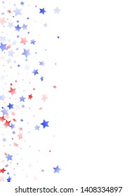 American Presidents Day stars background. Confetti in USA flag colors for Independence Day. Festive red blue white stars on white American patriotic vector. 4th of July stardust confetti.