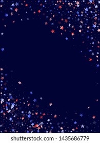 American Presidents Day stars background. Holiday confetti in US flag colors for President Day. Banner red blue white stars on dark American patriotic vector. July 4th stardust elements.