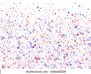 American Presidents Day stars background. Holiday confetti in USA flag colors for Patriot Day.  Banner red blue white stars on white American patriotic vector. July 4th holiday stardust.