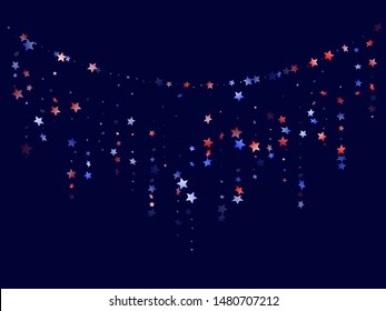 American Presidents Day stars background. Confetti in USA flag colors for Independence Day.  Vivid red blue white stars on dark American patriotic vector. Fourth of July holiday stardust.