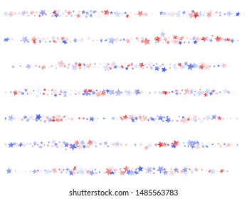 American Presidents Day stars background. Confetti in USA flag colors for Independence Day.  Gradient red blue white stars on white American patriotic vector. July 4th stardust elements.