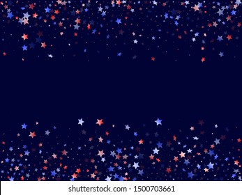 American Presidents Day stars background. Holiday confetti in USA flag colors for Patriot Day. Vivid red blue white stars on dark American patriotic vector. Fourth of July stardust scatter.