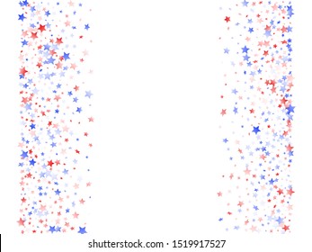American Presidents Day stars background. Holiday confetti in USA flag colors for Patriot Day. Vivid red blue white stars on white American patriotic vector. 4th of July stardust confetti.