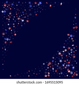 American Presidents Day stars background. Confetti in USA flag colors for Independence Day. Gradiental red blue white stars on dark American patriotic vector. Fourth of July stardust scatter.