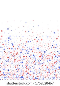 American Presidents Day stars background. Confetti in US flag colors for Independence Day.  Gradient red blue white stars on white American patriotic vector. July 4th holiday stardust.