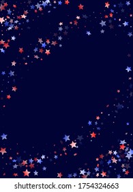 American Presidents Day stars background. Confetti in USA flag colors for Independence Day. Poster red blue white stars on dark American patriotic vector. Fourth of July stardust scatter.