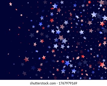 American Presidents Day stars background. Holiday confetti in US flag colors for President Day.  Festive red blue white stars on dark American patriotic vector. Fourth of July stardust scatter.