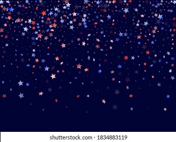 American Presidents Day stars background. Holiday confetti in US flag colors for Patriot Day.  Minimal red blue white stars on dark American patriotic vector. 4th of July holiday stardust.