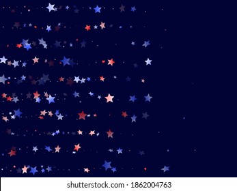 El Día de los Presidentes de Estados Unidos es un telón de fondo. Confetti en los colores de la bandera de EE.UU. para el Día de la Independencia.  Vívidas estrellas blancas azules rojas en un vector patriótico norteamericano oscuro. Confeti del 4 de julio.