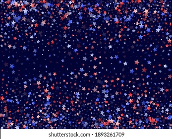 American Presidents Day stars background. Holiday confetti in USA flag colors for Presidents Day.  Minimal red blue white stars on dark American patriotic vector. July 4th stardust confetti.