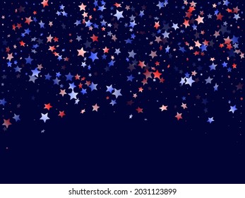 American Presidents Day stars background. Holiday confetti in USA flag colors for Presidents Day. Trendy red blue white stars on dark American patriotic vector. July 4th stardust elements.