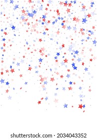 American Presidents Day stars background. Holiday confetti in USA flag colors for Presidents Day.  Gradient red blue white stars on white American patriotic vector. Fourth of July stardust scatter.