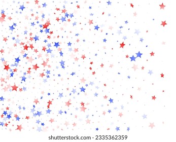 El Día de los Presidentes de Estados Unidos es un telón de fondo. Confetti en los colores de la bandera de los Estados Unidos para el Día de la Independencia.  Solemne estrellas blancas azules rojas en un vector patriótico norteamericano blanco. Confeti del 4 de julio.