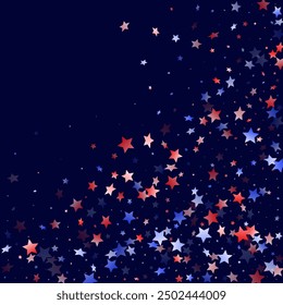 American Presidents Day stars background. Holiday confetti in USA flag colors for Presidents Day. Solemn red blue white stars on dark American patriotic vector. July 4th stardust elements.