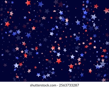 American Presidents Day stars background. Holiday confetti in USA flag colors for Patriot Day.  Banner red blue white stars on dark American patriotic vector. 4th of July stardust scatter.