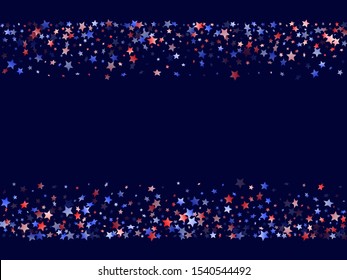 American Presidents Day stars frame background. Holiday confetti in US flag colors for Patriot Day.  Borders of red blue white stars on dark American patriotic vector. 4th of July stardust scatter.