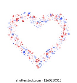 American Presidents Day stars heart background. Holiday confetti in USA flag colors for Patriot Day. Festive red blue white stars on white American patriotic vector. Fourth of July stardust scatter.