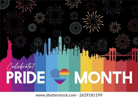 American Pride Month 2025 Background Template. Rainbow New York City skyline with festive fireworks. Pride Month Text with Heart Flag. Best for Celebrating Pride Month 2025. Vector Illustration