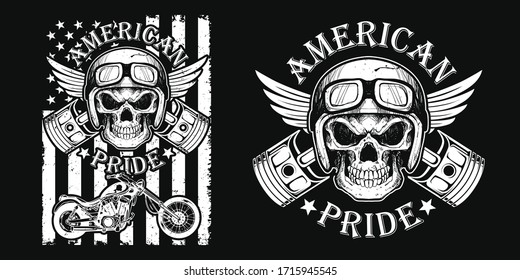 American pride t-shirt and poster vector design template. Biker skull with wings vector. Grungy USA flag. Vintage motorcycle, biker t-shirt. US patriotic tee. For label, emblem, stamp, badge. - Shutterstock ID 1715945545