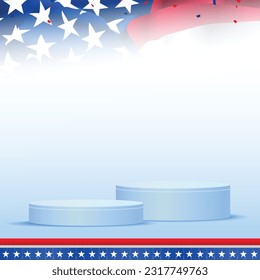 American product display banner, poster, template with cylindrical shape, usa waving flag. Empty, blank, and copy space for products. Vector illustration. 
