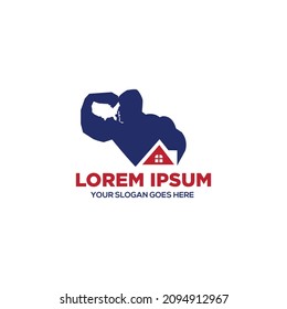 American property, real estate Care, Home, and Real estate Logo design template. US property care logo symbol. Negative space American map logo. American strong man logo. Bodybuilders home icon