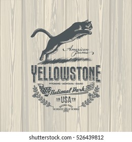 American Puma, national Park Yellowstone, illustration, vector, on wooden background