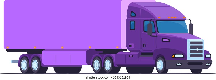 
American purple truck with a semi-trailer for long-distance cargo transportation. Concept cargo and logistics. Side and front view. Vector flat style isolated on a white background.