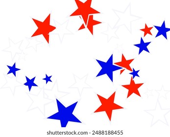 American red and blue stars confetti white background. Vertical frame, vector illustration.  Flying stars confetti american symbols. Independence day celebration design.