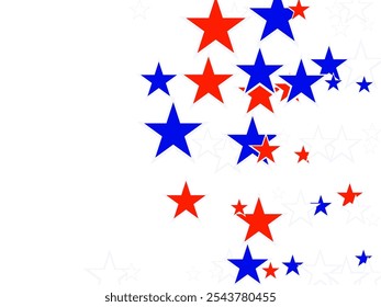 American red and blue stars confetti white background. Vertical frame, vector illustration.  backdrop Vector Illustration, Blue and Red 4th of July Stars sparkles isolated on white.