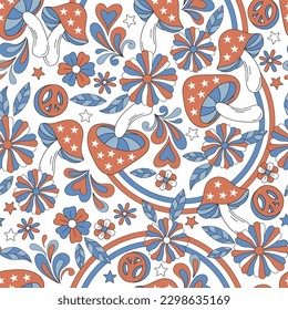 American Red Blue White groovy hippie flowers, mushrooms, rainbow vector seamless pattern. Patriotic USA Independence Day floral background. 4th of July surface design for packaging, scrap book