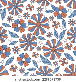 American Red Blue White groovy hippie flowers vector seamless pattern. Patriotic USA Independence Day floral background. 4th of July surface design for packaging, scrap book, textile, card making