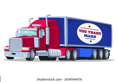 American red freight trailer with a large blue trailer. Vector cartoon illustration. Isolated on white background.