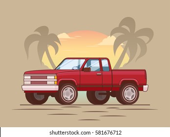 American red modern pickup truck concept with summer tropical landscape in flat style vector illustration