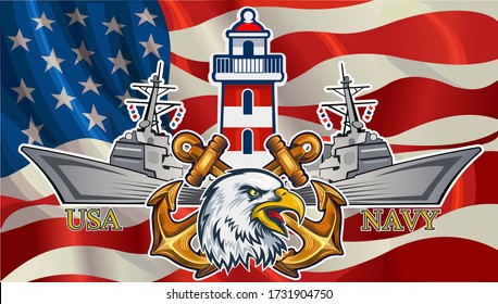 American Redoubtable  Eagle with USA flags. US Navy Anchor