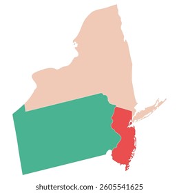 American region of Mid Atlantic region.  Mid Atlantic, or Middle Atlantic states each state with multicolor. 
