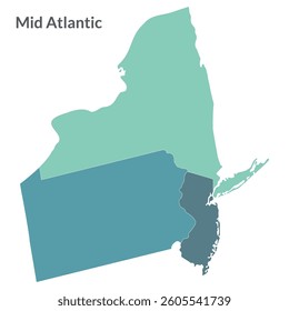 American region of Mid Atlantic region.  Mid Atlantic, or Middle Atlantic states each state in color.
