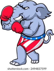 American Republican elephant boxer mascot boxing with boxing gloves wearing USA stars and stripes flag