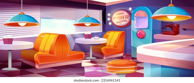 Café retro americano. Decoración colorida de snack bar con mesas, sillones, barra de bar y pista de ajedrez. Vistas panorámicas al comedor. Restaurante vacío con decoración vintage. Dibujo vectorial plano de dibujos animados