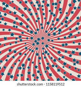 American retro patriotic vector illustration. Concentric stripes and stars confetti  in colors of United States flag. Background for Patriot day or Labor Day banners or greeting cards.