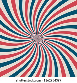 American retro patriotic vector illustration. Concentric stripes in colors of United States flag. Twirl background  Easy to edit template for Labor Day or Patriot day banners and greeting cards.