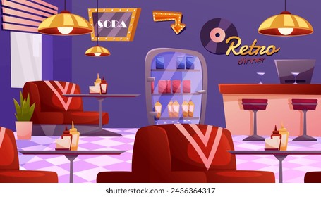 American Retro restaurant, diner interior with bar counter. Fast food retro cafe. Panoramic view of eatery. Empty restaurant with vintage decor.