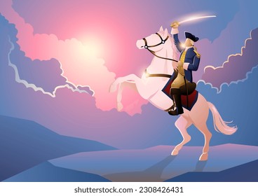 American revolutionary commander figure on horseback on dramatic clouscape background, vector illustration