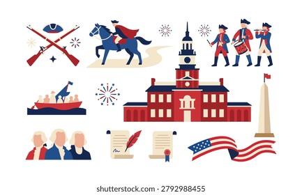 American Revolutionary War historical elements set with Independence Hall, George Washington founding fathers portraits, soldiers marching, declaration of independence scroll, flat Illustration