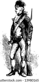 American Rifleman costume from 1780 vintage line drawing or engraving illustration.