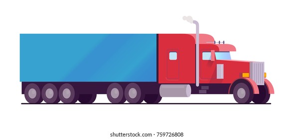 american rig big truck red color with a blue trailer cargo. delivery and logistics service concept. Flat style isometry, isolated on white background