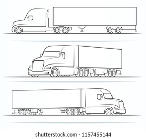 American road train silhouettes, outlines, contours. Side and perspective view of the semi truck with a trailer. Vector illustration isolated on white background