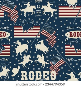 American rodeo pattern seamless colorful with cowboys riding bulls and horse riders near USA flags vector illustration